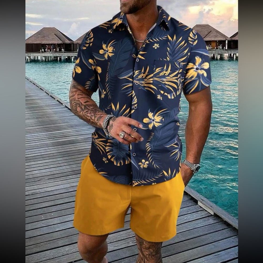Men Tropical Print Shirt & Drawstring Waist Shorts Without Tee